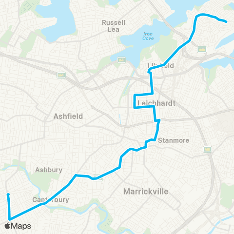 Sydney Buses Network Campsie to Balmain via MarketPlace Leichhardt map