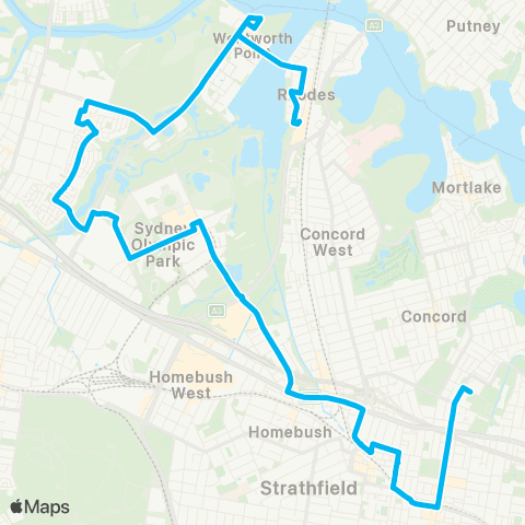Sydney Buses Network Rhodes Shopping Centre to Strathfield map