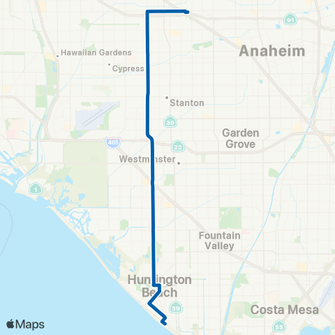 OCTA Fullerton - Huntington Beach map