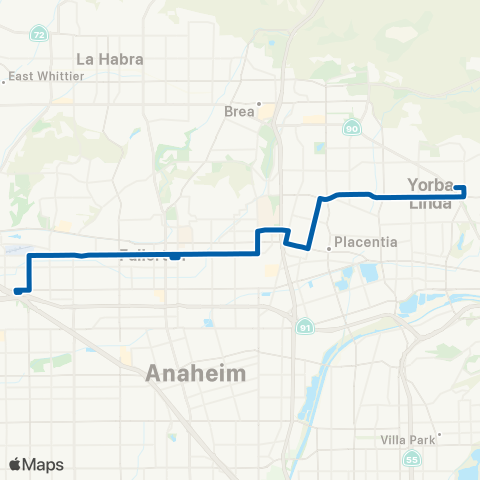 OCTA Fullerton - Yorba Linda map