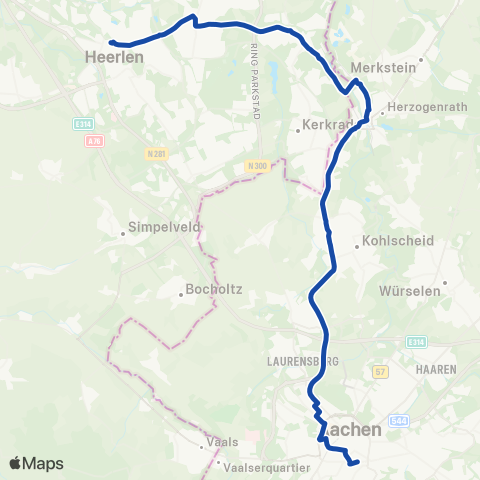 Arriva Stopbus ipv trein Aachen Hbf <-> Heerlen map