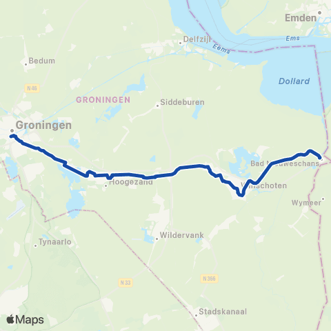 Arriva Stopbus ipv trein Bad Nieuweschans <-> Groningen map