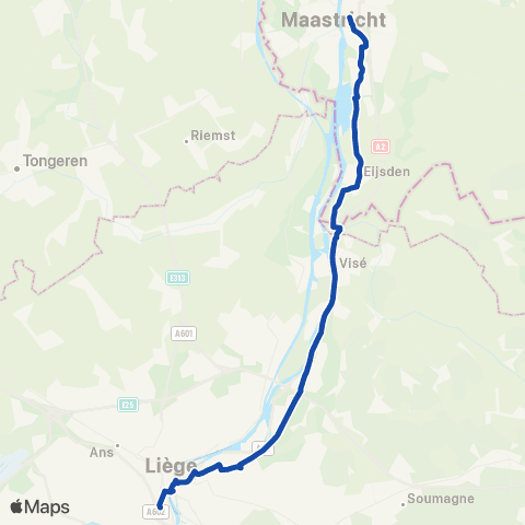 Arriva Stopbus ipv trein Liège-Guillemins <-> Maastricht map