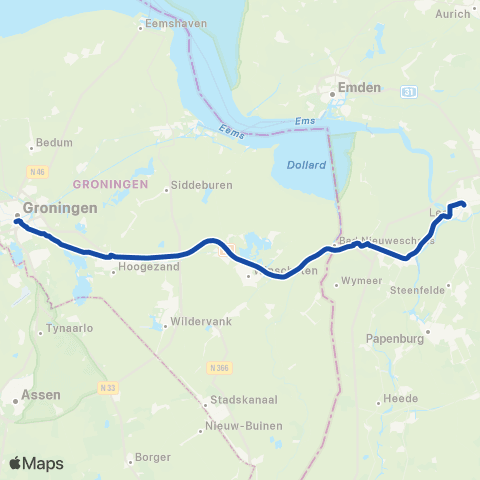 Arriva Snelbus ipv trein Groningen <-> Leer(Ostfriesl) map