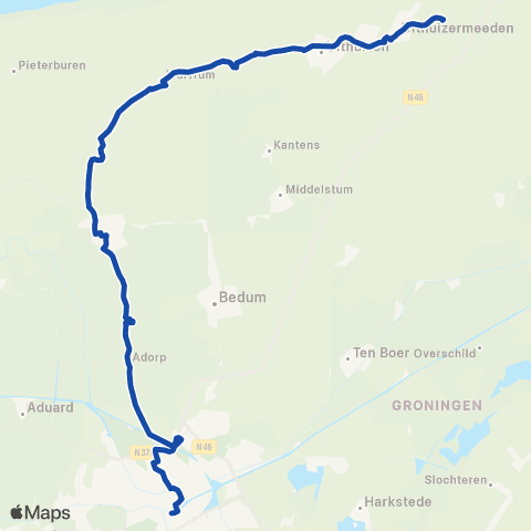 Arriva Stopbus ipv trein Groningen <-> Roodeschool map
