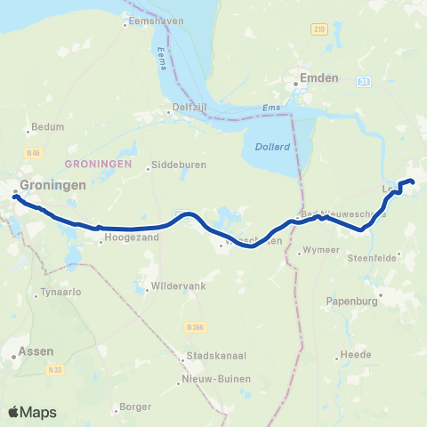 Arriva Snelbus ipv trein Groningen <-> Leer (Ostfriesl) map