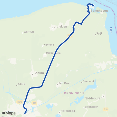 Arriva Snelbus ipv trein Eemshaven <-> Groningen map