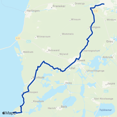 Arriva Stopbus ipv trein Leeuwarden <-> Stavoren map