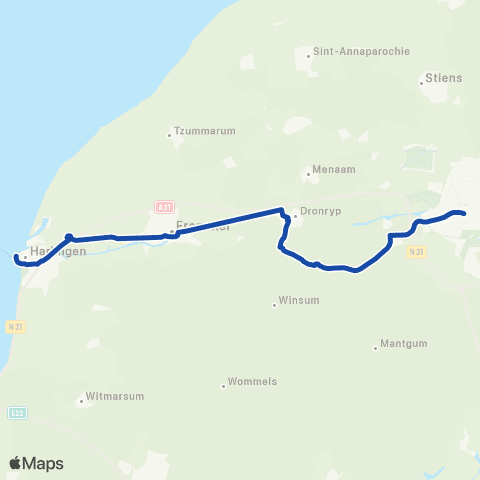 Arriva Stopbus ipv trein Harlingen Haven <-> Leeuwarden map