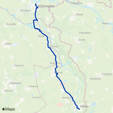 Arriva Stopbus ipv trein Nijmegen <-> Venlo map