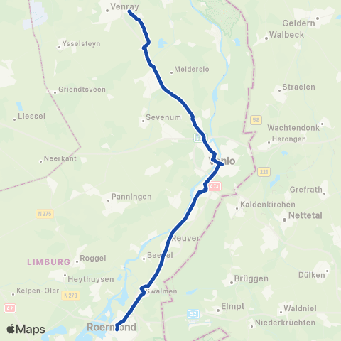 Arriva Stopbus ipv trein Roermond <-> Venlo map