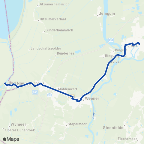 Arriva Stopbus ipv trein Bad Nieuweschans <-> Leer(Ostfriesl) map