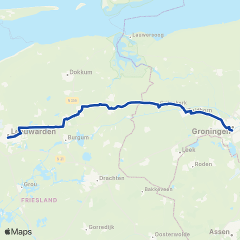 Arriva Stopbus ipv trein Groningen <-> Leeuwarden map
