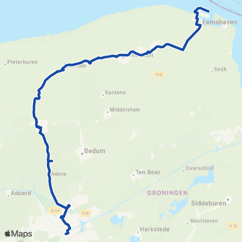 Arriva Stopbus ipv trein Eemshaven <-> Groningen map