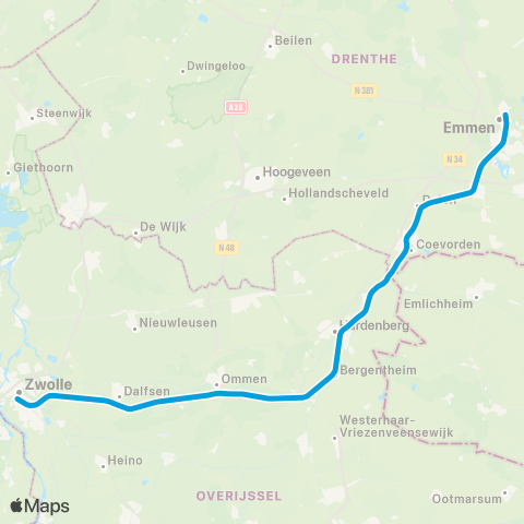Blauwnet Arriva Zwolle <-> Coevorden S13800 map