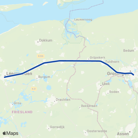 Arriva Groningen <-> Leeuwarden ST37400 map
