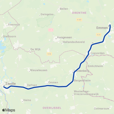 Blauwnet Arriva Zwolle <-> Emmen ST8000 map