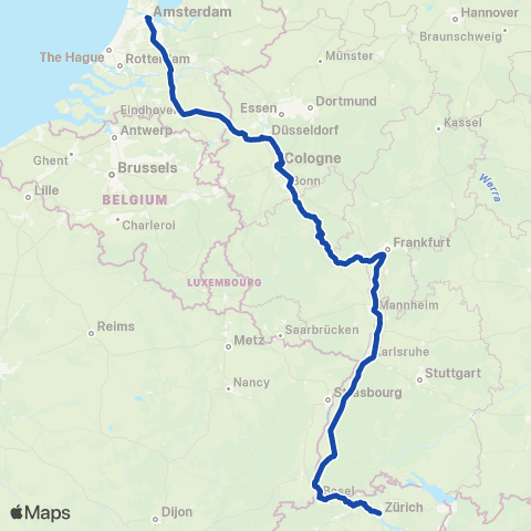 NS Int Amsterdam Centraal <-> Zürich HB NJ400 map