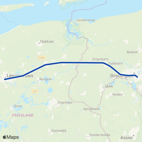 Arriva Groningen Europapark <-> Leeuwarden S37300 map