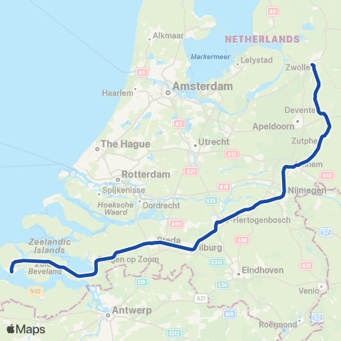NS Rotterdam Centraal <-> Utrecht Centraal IC2800 map
