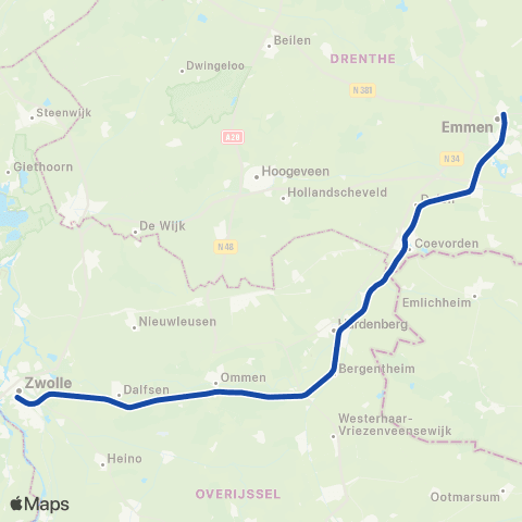 Blauwnet Arriva Zwolle <-> Emmen ST8000 map
