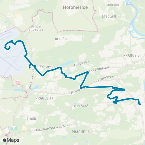 PID Na Knížecí - Dědina - Obchodní Centrum Ruzyně - Letiště map