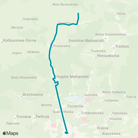 PKS w Rzeszowie Rzeszów D.A. - Głogów Młp. - Raniżów - Korczowiska - Posuchy Kąty map