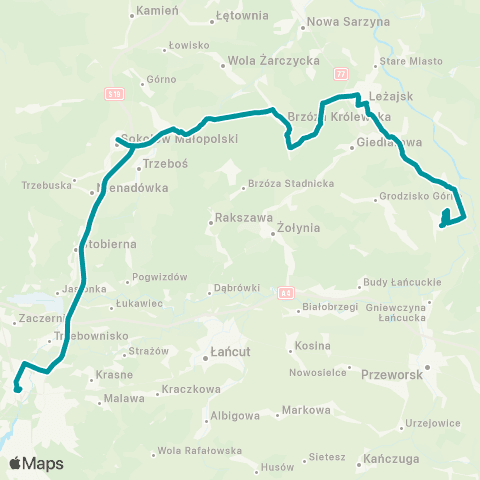 PKS w Rzeszowie Rzeszów D.A. - Sokołów Młp. - Brzóza Królewska - Leżajsk - Chałupki Dębniańskie map