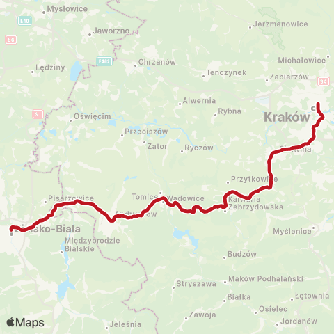 Polregio Kraków Główny — Wadowice — Bielsko-Biała map