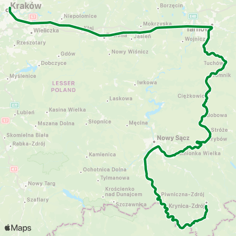 Polregio Kraków Główny — Tarnów — Nowy Sącz — Krynica-Zdrój (Przyspieszony) map