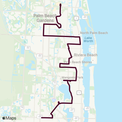 Palm Tran PBG - WPB via Australn / PB Lks map