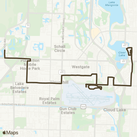 Palm Tran WPB Crosstown via Belvedere map