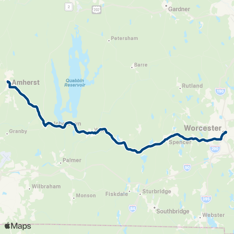 PVTA Amherst-Worcester Intercity Service map