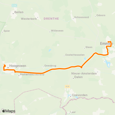 Qbuzz Emmen - Hoogeveen (Snelbus) map