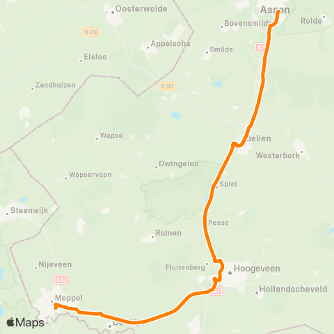 Qbuzz Nachtbus: Assen - Beilen - Hoogeveen - Meppel map