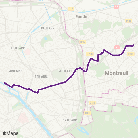 RATP Châtelet <> Montreuil - Hôpital map