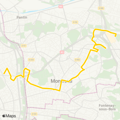 RATP Gare de Rosny - Bois-Perrier <> Gambetta - Mairie du 20e map