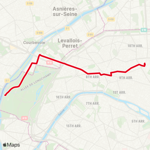 RATP Gare du Nord <> Bagatelle map