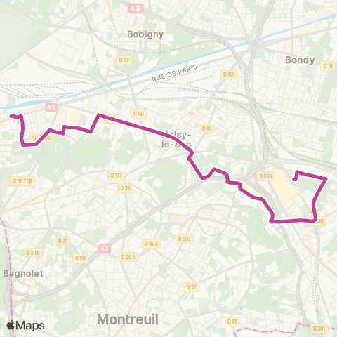 RATP Église de Pantin - Métro <> Gare de Rosny - Bois-Perrier map