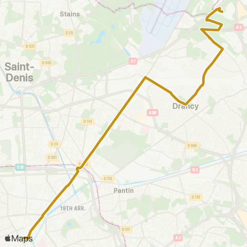 RATP Le Bourget RER <> Gare de l'Est map