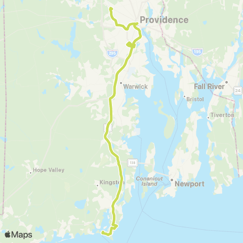 RIPTA N Providence / Cranston Beach Express map