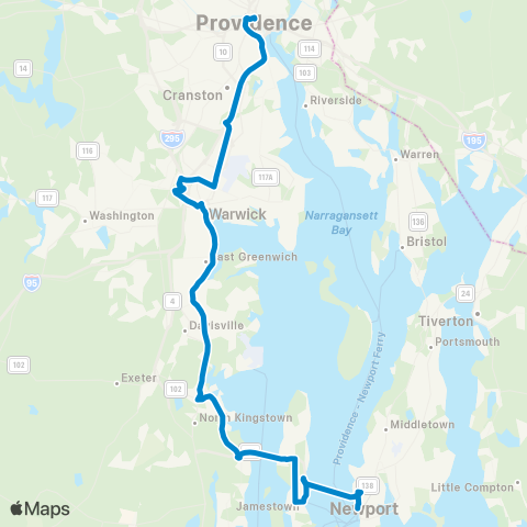 RIPTA West Bay - Narragansett / Newport map