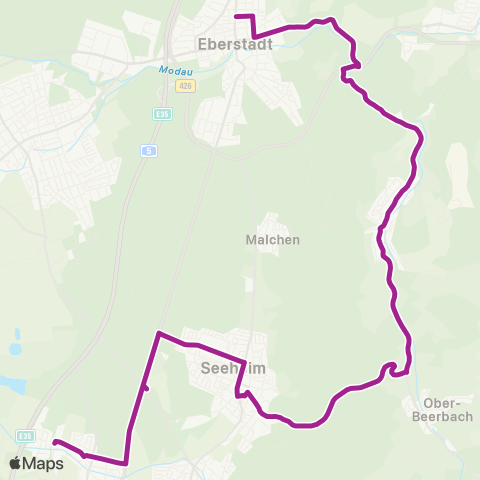 RMVB Darmstadt-Eberstadt Wartehalle - Bickenbach Bahnhof map