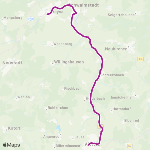 RMVB Alsfeld Bahnhof - Schwalmstadt-Treysa Bahnhof map