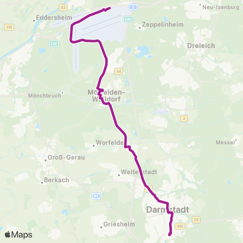 RMVB Darmstadt Mathilden Pl - Frankfurt (Main) Flughafen Terminal 1 map