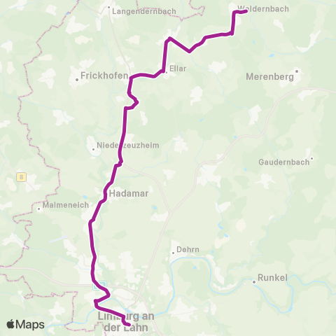 RMVB Waldbrunn (Westerwald)-Fussingen Kirche - Limburg (Lahn) Zob Nord map