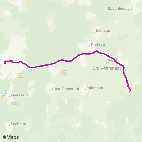 RMVB Groß-Umstadt Pfälzer Schloß - Darmstadt Hauptbahnhof map