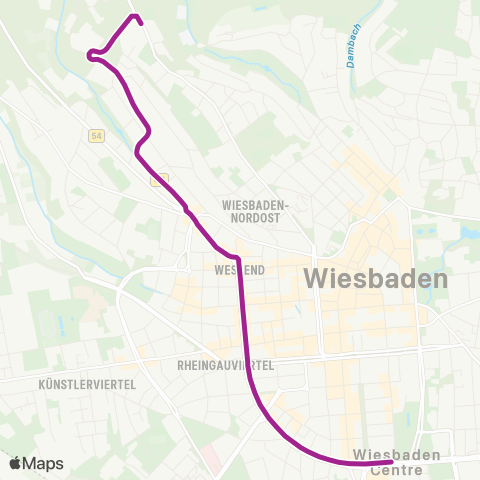 RMVB Wiesbaden Hauptbahnhof - Wiesbaden Nordfriedhof map
