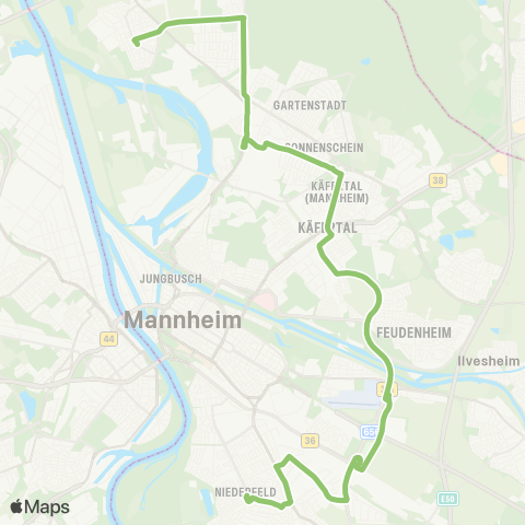 Rhein-Neckar-Verkehr GmbH MA Neckarau West - Neuostheim - Käfertal Süd - Speckweg - Waldhof Bf - Schönau - MA Sandhofen map