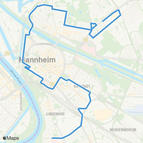 Rhein-Neckar-Verkehr GmbH Pfalzplatz - MA Hbf - Neckarstadt West - Herzogenriedbad - Bonifatiuskirche - Wohlgelegen EKZ map